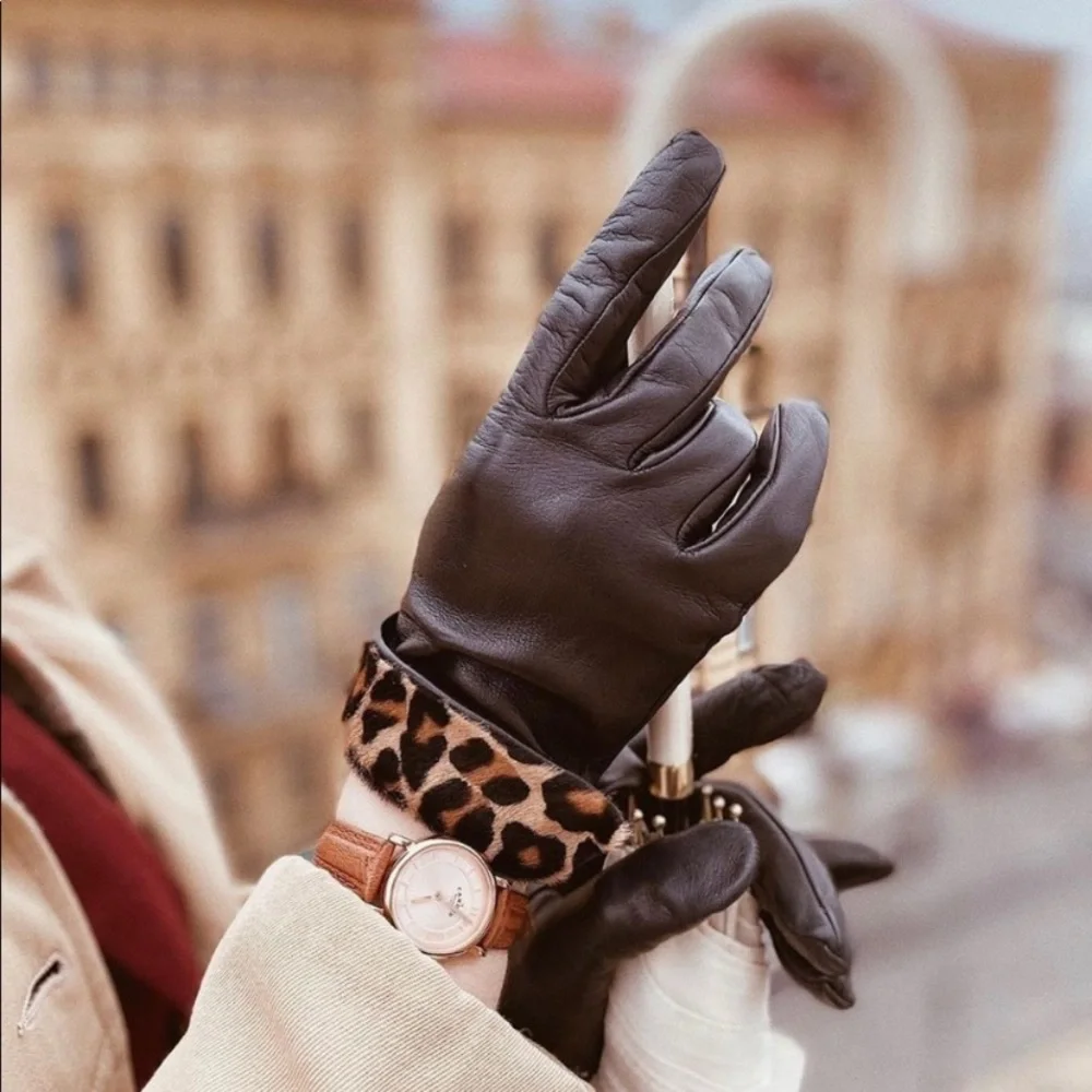 Black Genuine Leather Leopard Trim Gloves Fleece Lined Warm Winter Womens Small